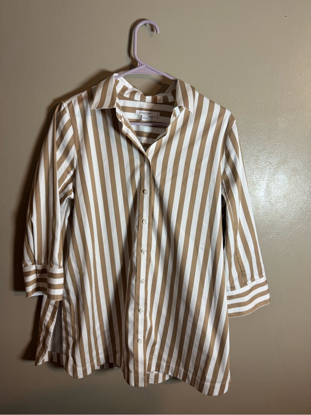 Chico's Tan and White Vertical Stripe Button-Down Shirt